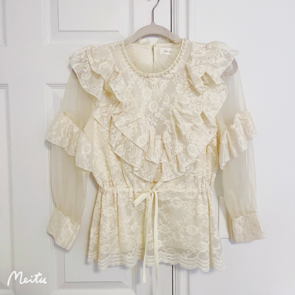 Korean Balletcore Pearl Ruffle Embroidered Floral Chiffon Peplum Blouse Shirt